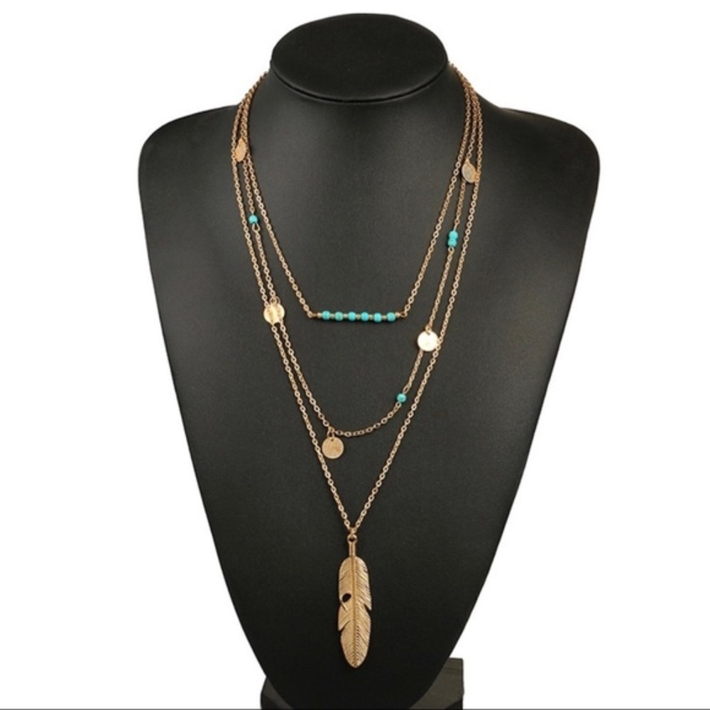 Gold Feather Boho Turquoise Layered Necklace